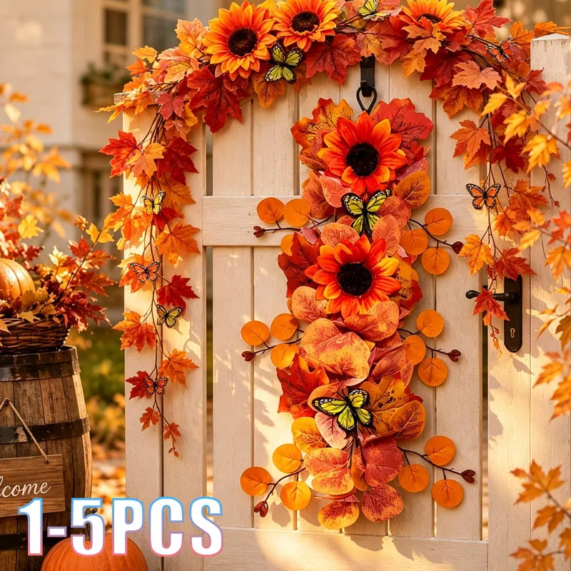 1-5pcs Thanksgiving Door Decor Autumn Sunflower Maple Wreath Butterfly Vine for Friend Family Housewarming Gift Celebration