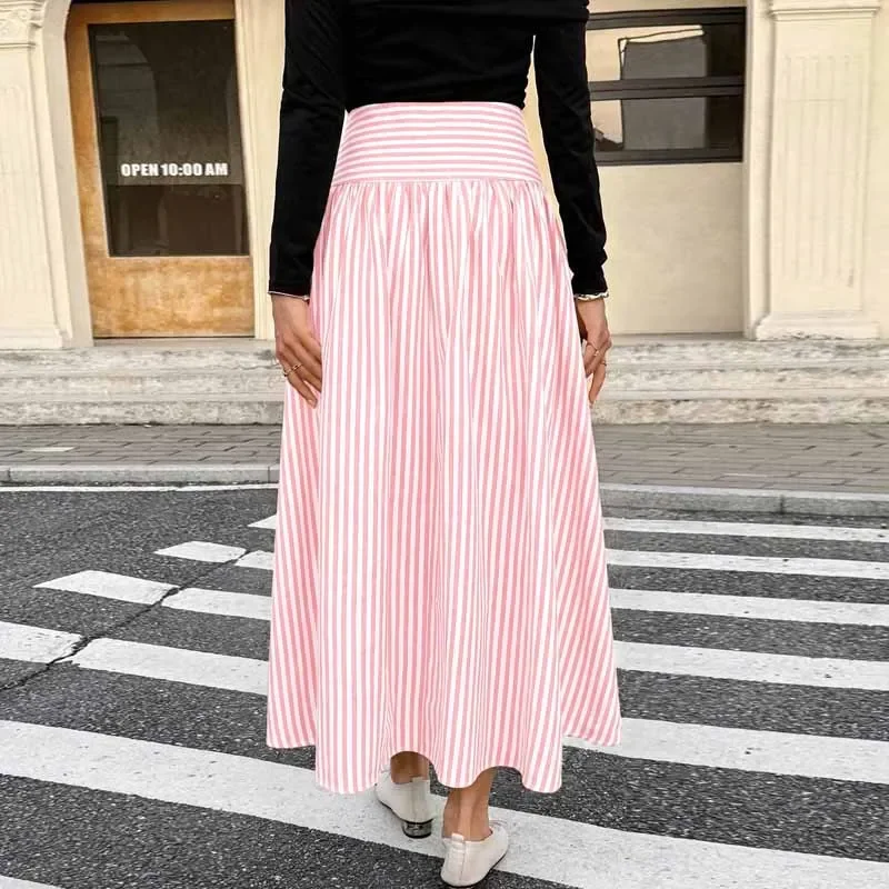 2026 New Office Lady Striped Women Skirt High Waist Elastic Waist A-LINE Skirt Women Skirts for Women Faldas Skirts Q7207