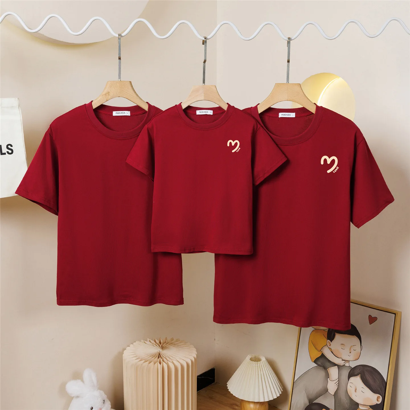 2026 Summer Family Matching Outfits Red Heart Print T-Shirt 3-4PCS Casual Family Photo Outfit for Mom Dad Kids Soft Cotton