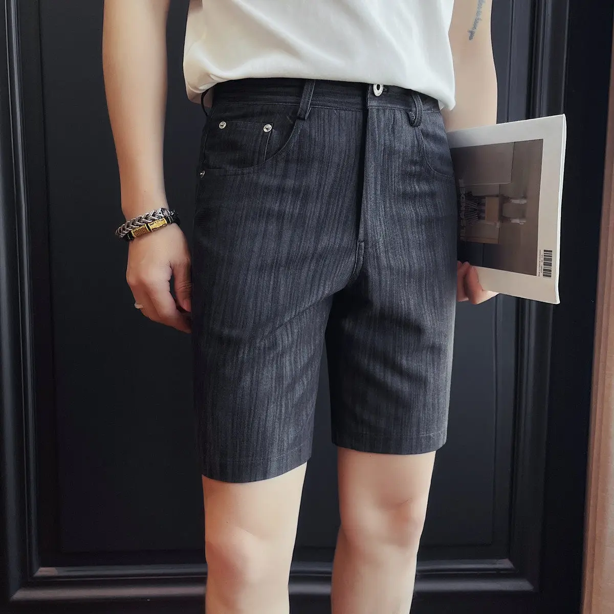 2026 Summer Slim Fit Casual Shorts for Men Elastic Waist Five Quarter Pants Versatile Trendy Business Social Denim Shorts 29-36