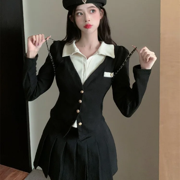 Осенне-зимний женский модный комплект Slim Fit Long Sve с плиссированной юбкой и воротником на пуговицах Sle College Wind