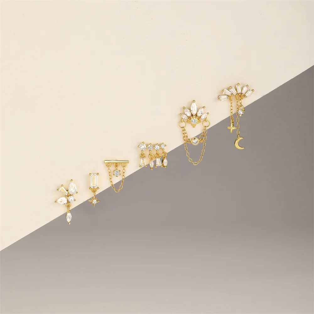 CANNER 1PC Star Moon Eight Pointed Star Geometric Zircon Long Chain Tassel Cartilage Chain Earrings For Women Horse Eye Earrings