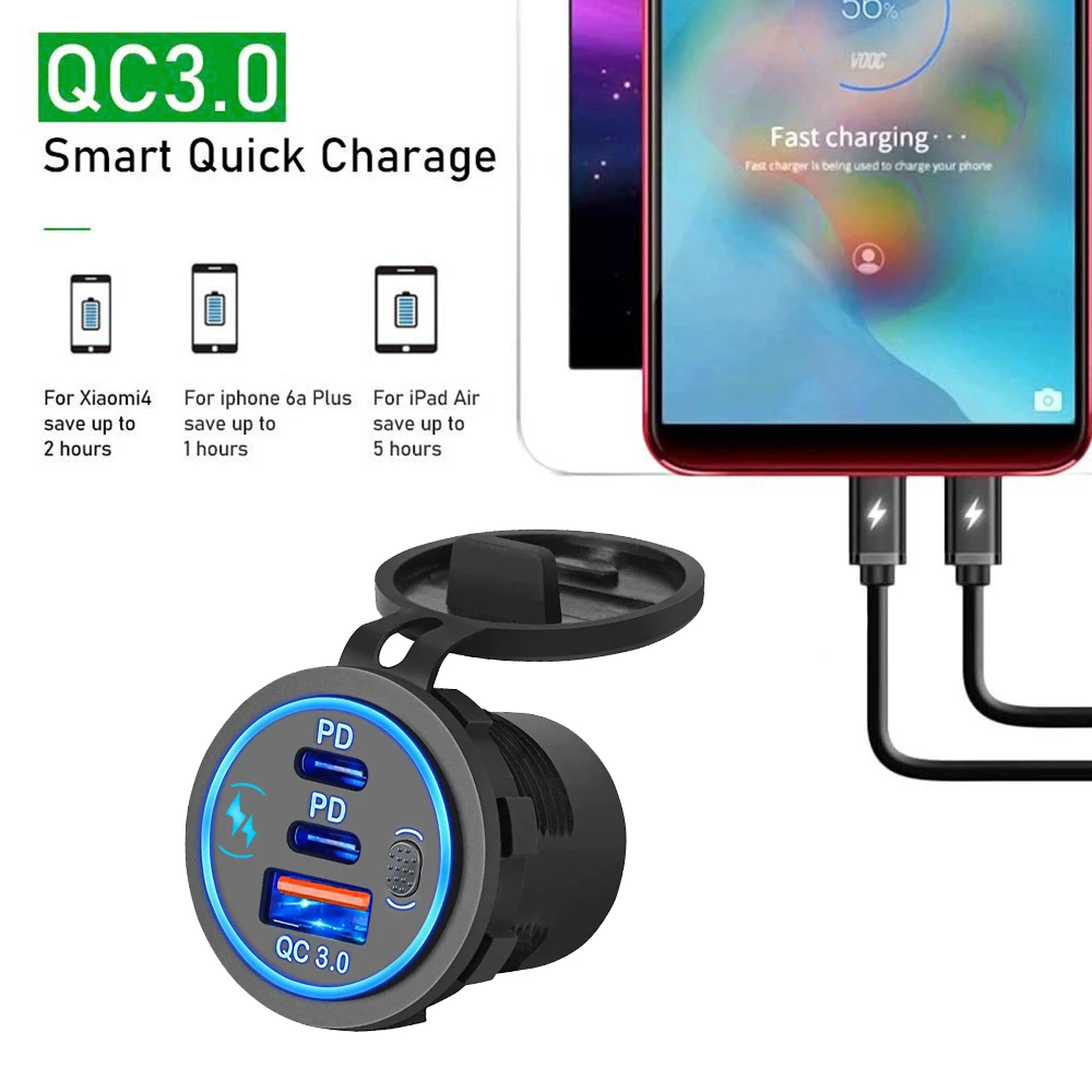 112W Car Quick Charge Car Charger Outlet Socket Dual PD & QC 3.0 3 Ports  Aperture For 12V 24V Motorcycle Boat Marine Truck ATV