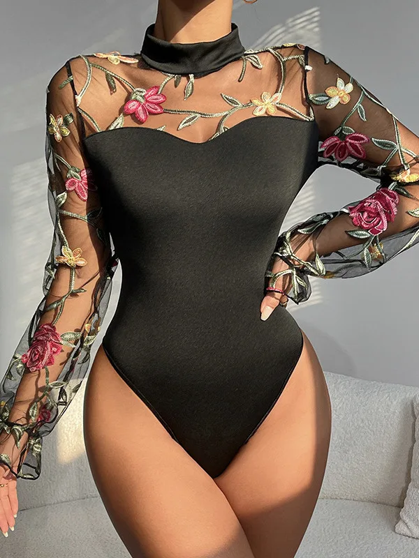 Body damskie z haftem, prześwitujące, z wycięciami, seksowne, dopasowane, jednoczęściowe, z wysokim stanem.