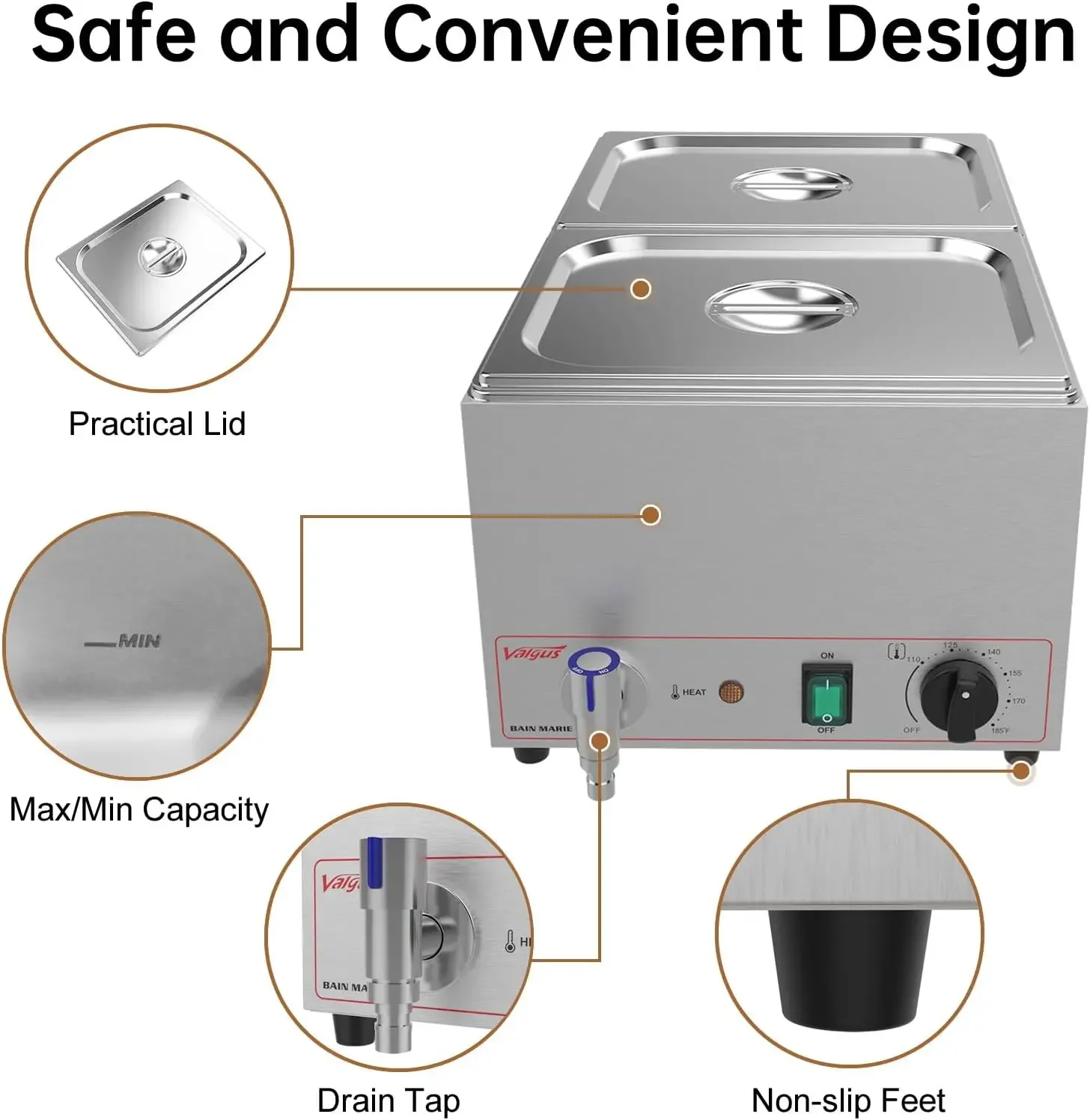 สแตนเลสเกรดเชิงพาณิชย์ 2 ส่วน 19 Qt Bain Marie บุฟเฟ่ต์อุ่นอาหารโต๊ะไอน้ําพร้อมระบบควบคุมอุณหภูมิ ฝาปิด และ Wa