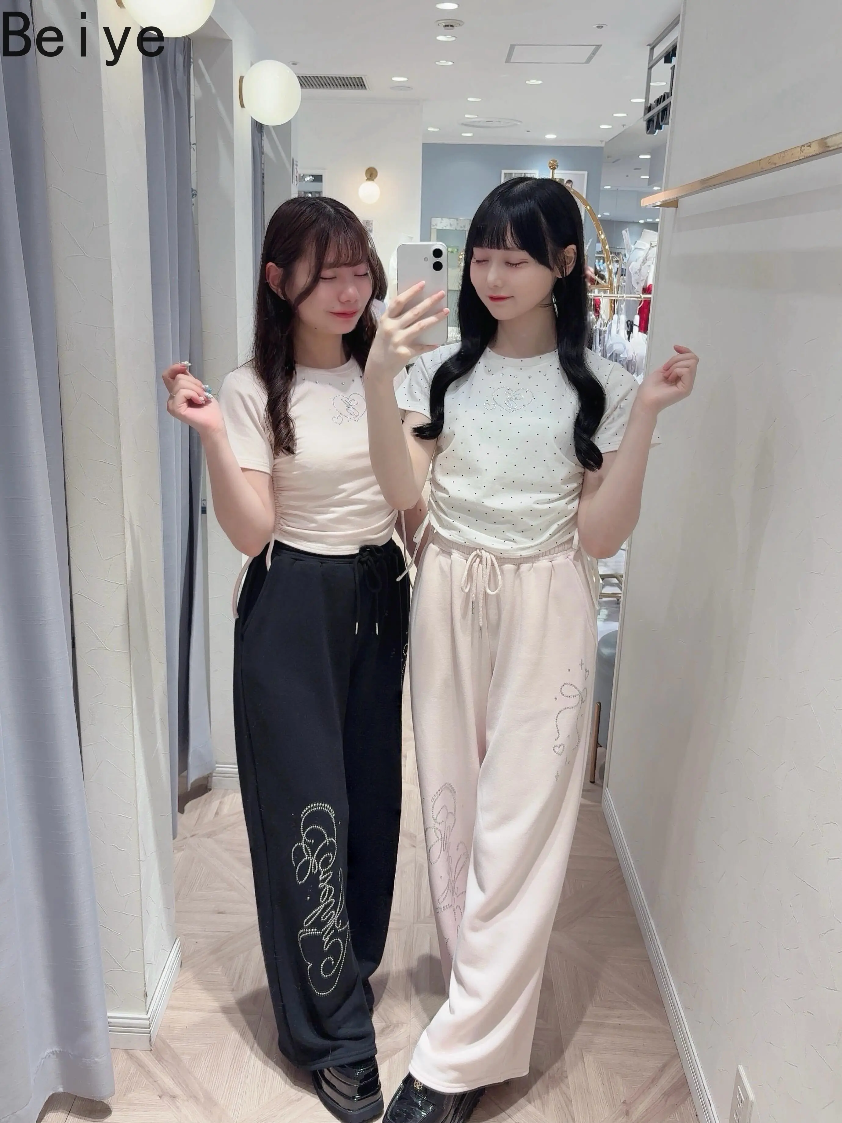 New Summer/autumn 2 Piece Sets for Women Hot Diamond Drawstring Short-sleeved T-shirt Trousers Set Casual Sports Suit