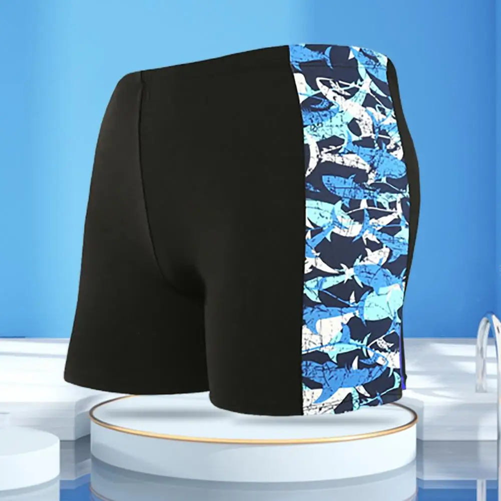 Inner Drawstring Mid-rise Swimming Trunks with Lining Streamlined Elastic Waistband Shark Print Stitching Swim Shorts Beachwear