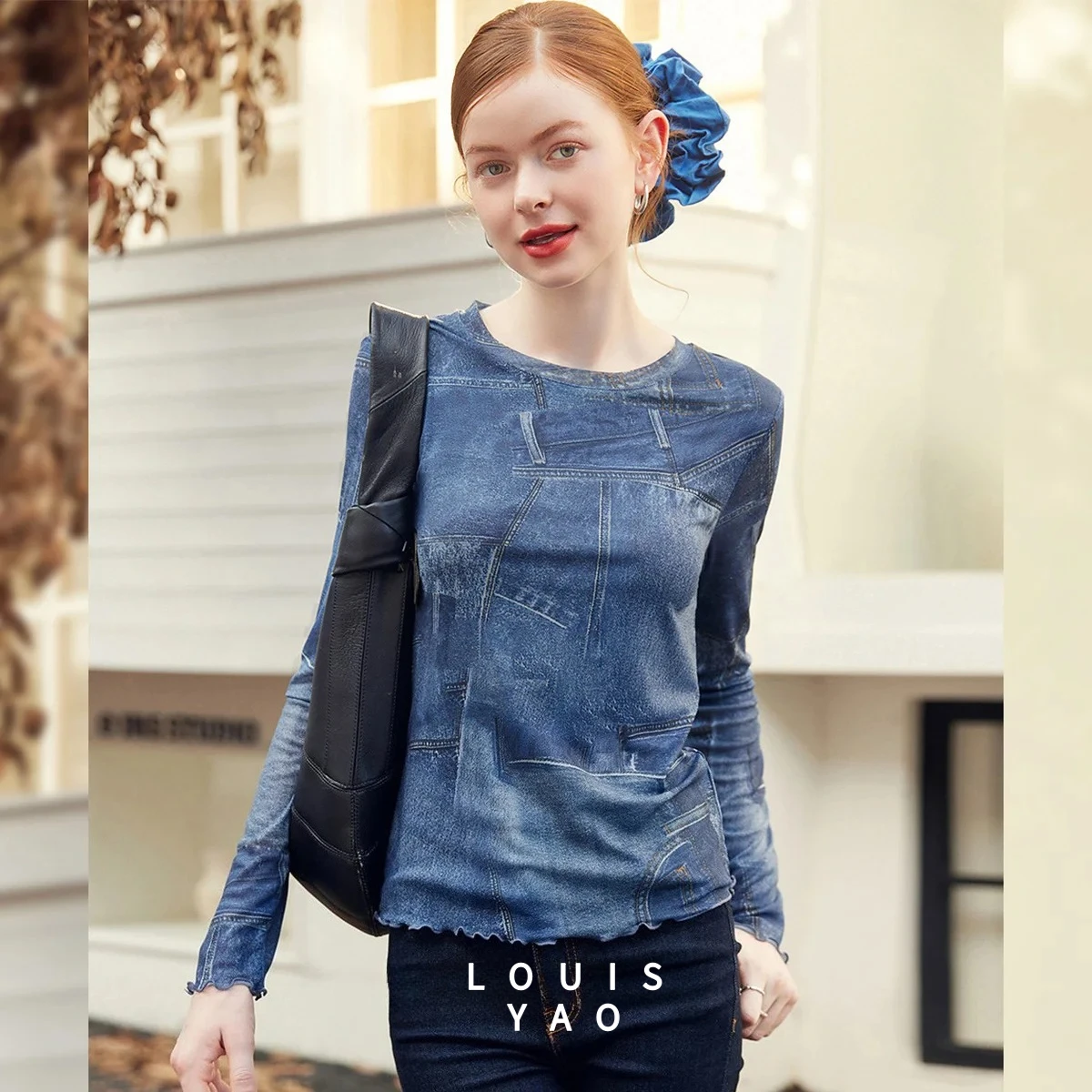 LOUISYAO  Print Wave-Edge Women's T-Shirt 2025 Autumn Micro-Stretch Round Neck Long-Sleeve Tees Chic Street Wear Tops