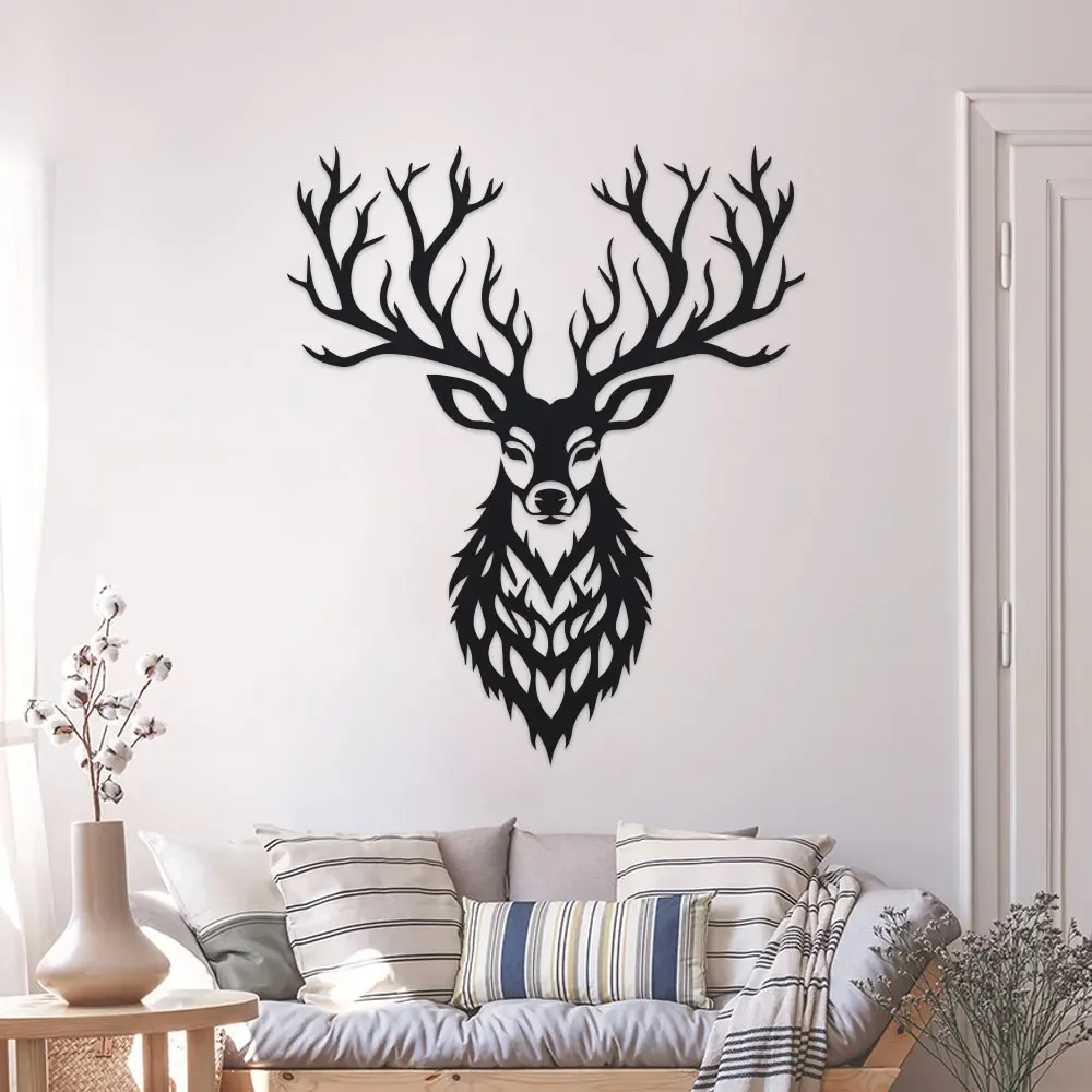 2D Metal Wall Art Deco Deer Head Wall Sculpture Nature-Inspired Metal Wall Art with Antlers, Wildlife Farmhouse Decor