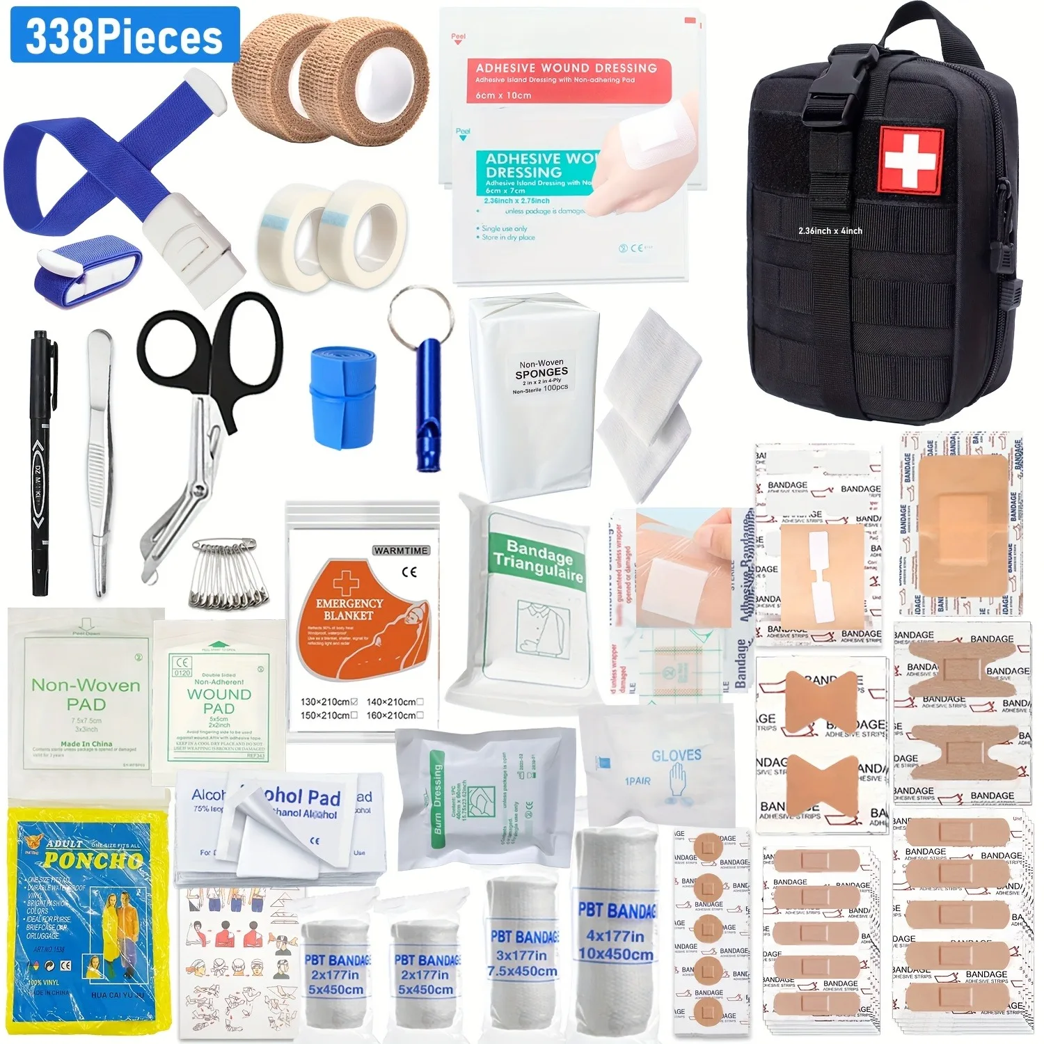 

338pcs Survival Kit, First Aid Kit Survival Gear Tools with Molle Pouch for Outdoor, Adventure Travel, Camping, Hiking, Home,