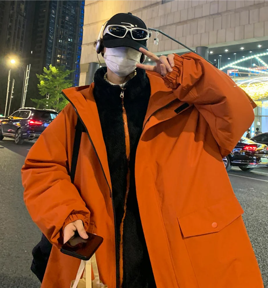 Koeran Style 2 Piece Set Mens Heavy Fleece Jacket for Winter Waterproof Cotton Padded Thermal Outdoor Clothes Hooded Zipper Coat