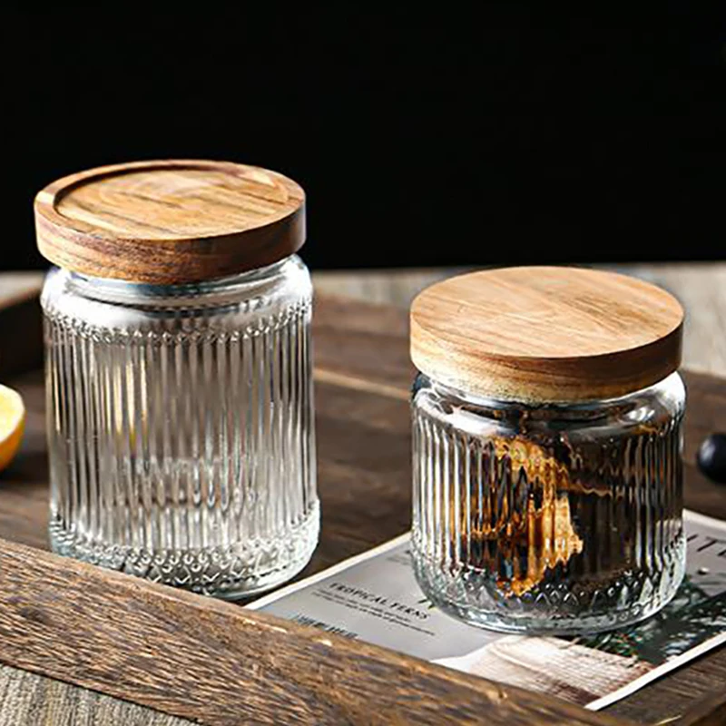 Glass Storage Jar with Wooden Lid Candy Dried Fruit Coffee Bean Medicinal Herb Storage Jar Sealed Household Striped Glass Bottle