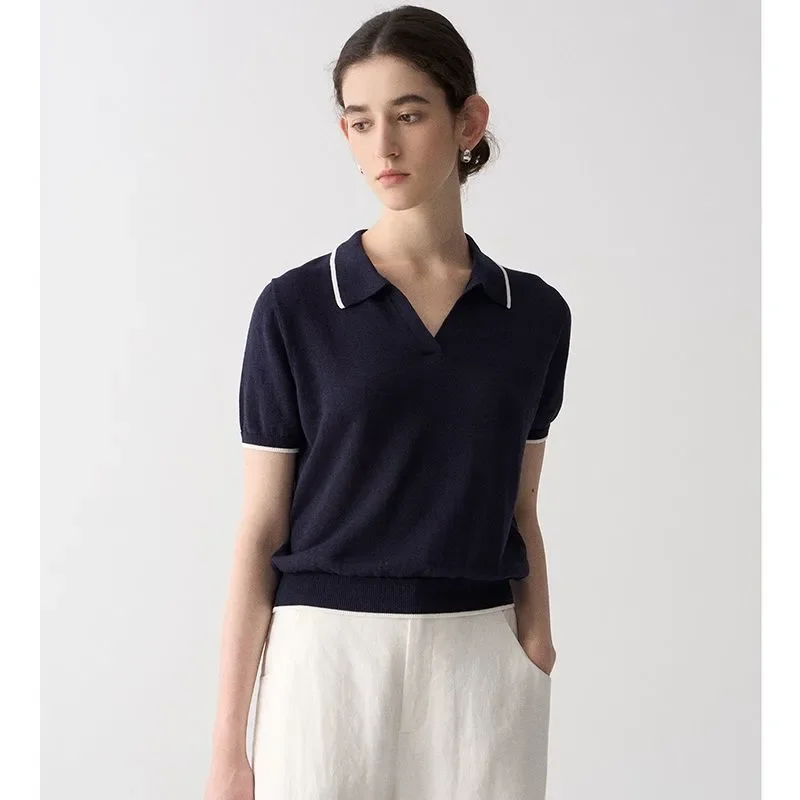 Women Old Money Contrast Trim Polo Collar Knit Short Sleeve Top Simple Casual Basic Blouse Summer