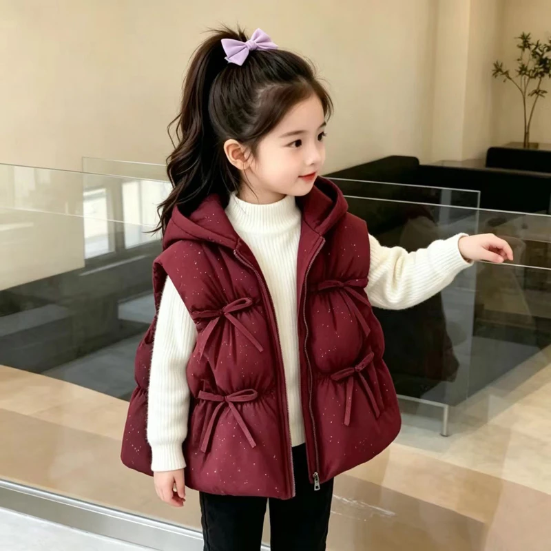 IYEAL Winter Girls Hooded Vest Winter Sleeveless Cotton Waistcoat Kids Bow Decor Warm Outerwear for Little Girls