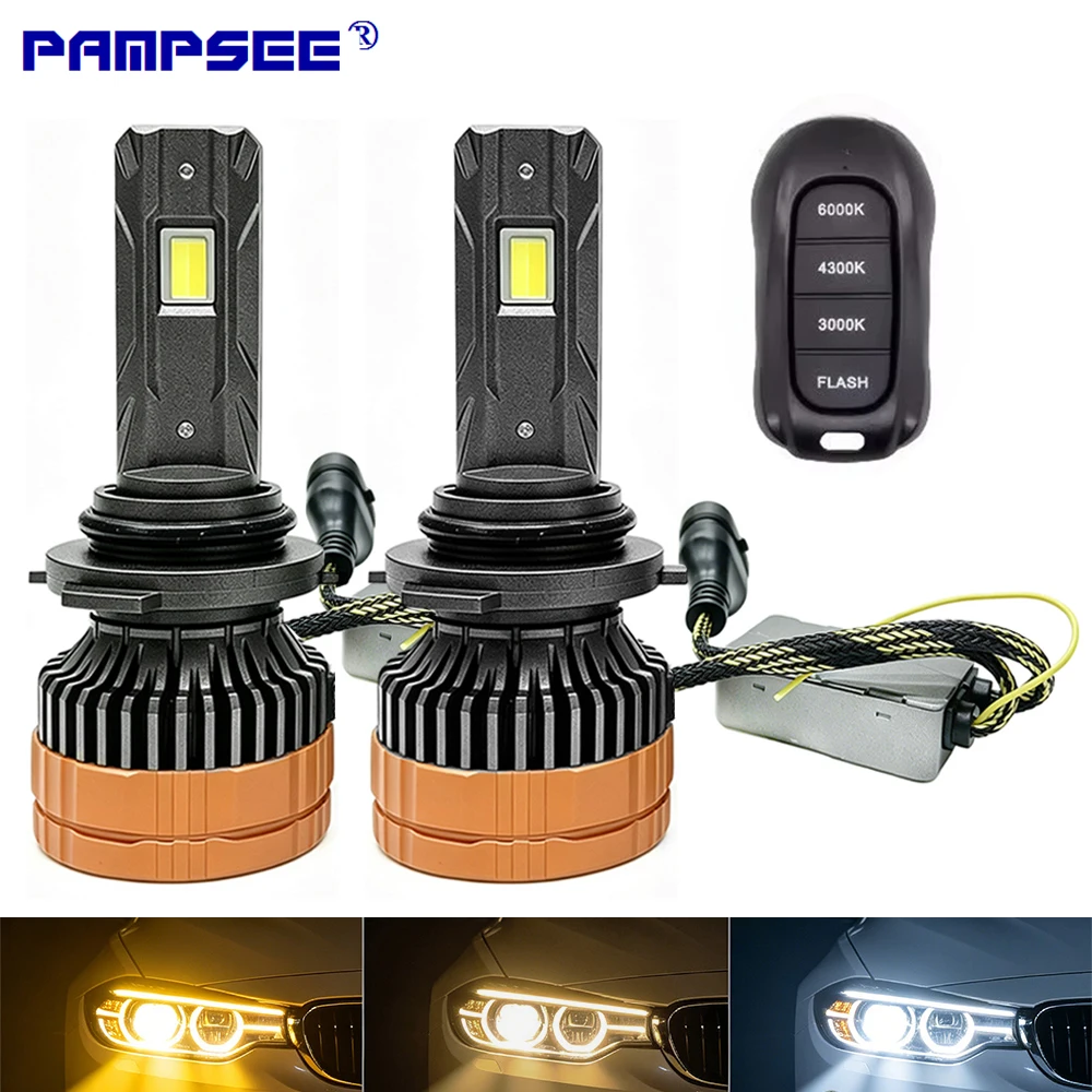 Remote Control 160W Tri‑Color LED Headlight Bulbs H4 H7 Flashing Dual Projector Lens Car Front Driving Lamp H1 H11 H8 9005 9006