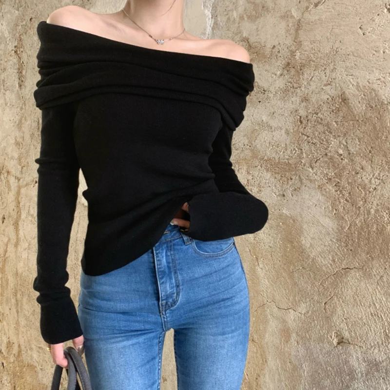 

Off-shoulder Slim Fit Knitted Long Sleeve Women Shirt 2025 Autumn Casual Solid Color Short Sweater Elegant Knitwear Pullover Top
