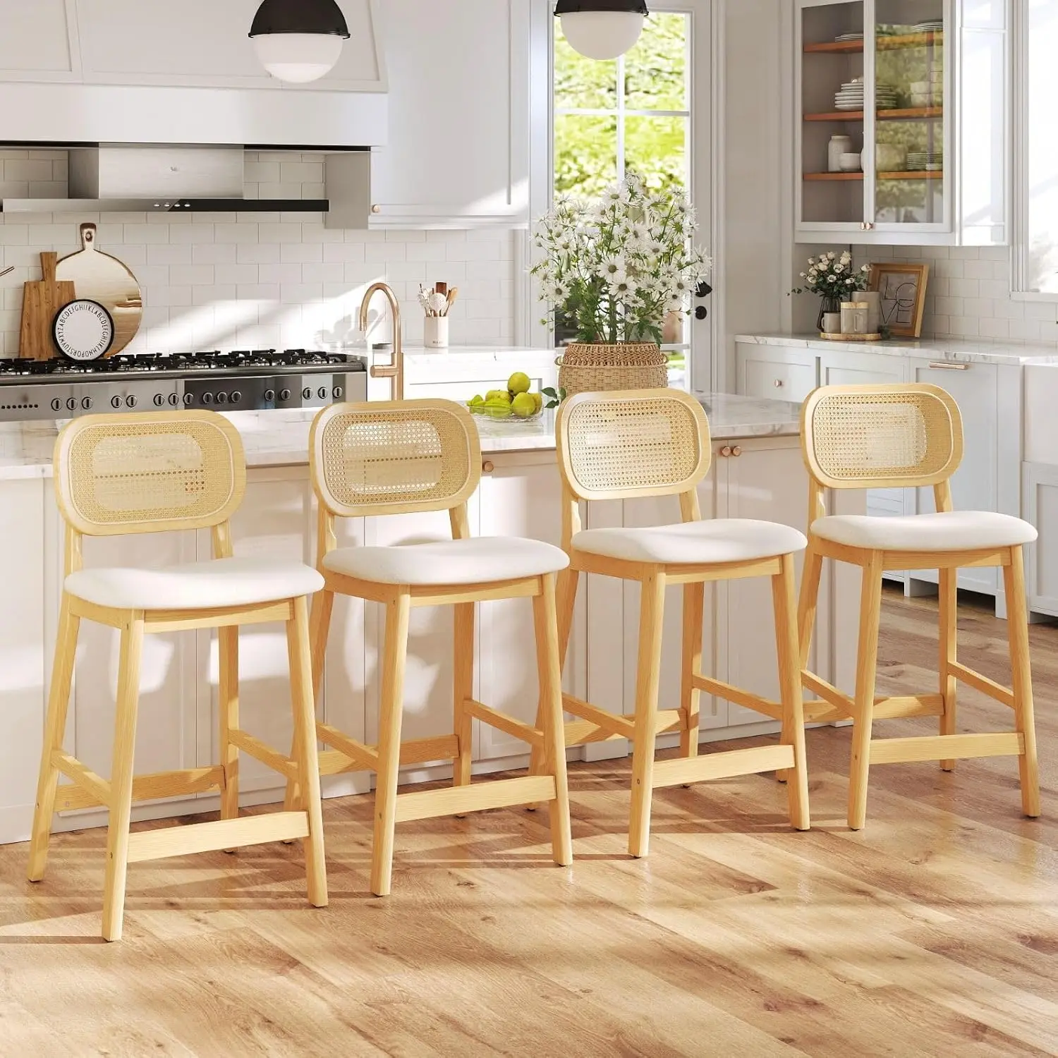 

Counter Stools Set Of 4 Beige Bar Stools Farmhouse Wooden Bar Stools Upholstered 26 Inch Kitchen, Customized
