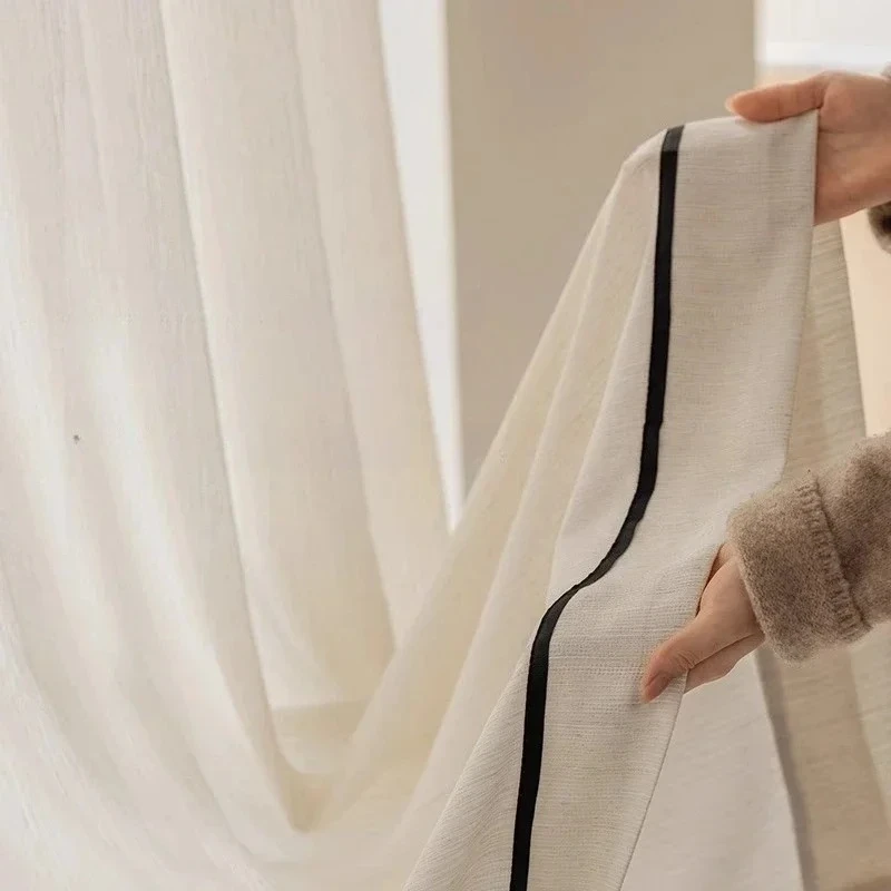 

Шторы для гостиной, спальни, льняная вуаль премиум-класса с черными краями и французской винтажной кружевной строчкой, полупрозрачные шторы для конфиденциальности