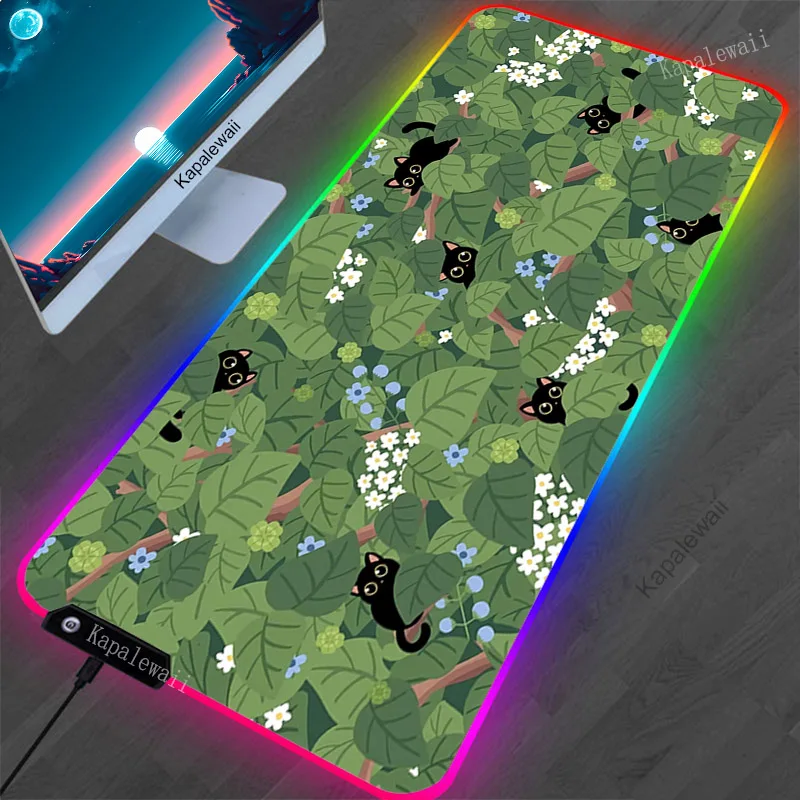 

RGB Mousepad Green Plant Mouse Mats LED Large Gamer Mousepads XXL Keyboard Pads Luminous Desk Mat Kawaii Cat Mouse Pad Backlit