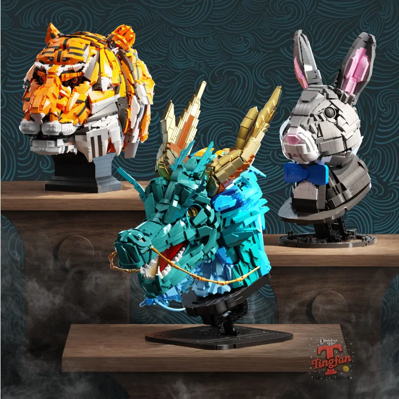 MOC zodiaco cinese tigre coniglio testa di drago intaglio modello blocchi di costruzione animali statua mattoni giocattoli da costruzione regali per bambini
