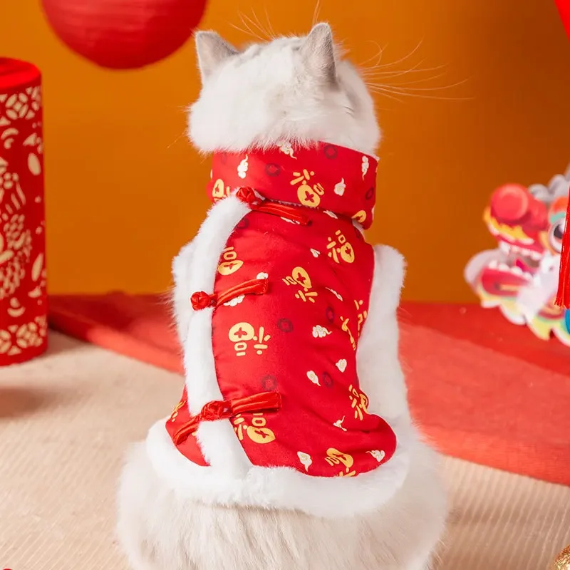 Cat Clothes New Year's Blessing Full Print Festive Chinese New Year Cat Dog Bipod Vest Velvet Thickened Warm Pet Clothing