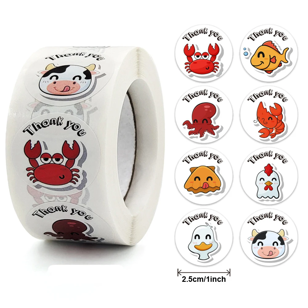 50-500Pcs 1 Inch Cute Cartoon Animal Thank You Label Stickers For Child Gift Card Party Birthday Package Wrapping Baking