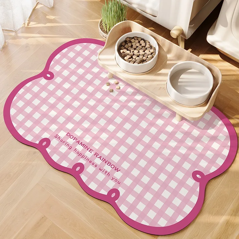 

Pet Feeding Mat Waterproof Pvc Leather Carpet Cat Dog Anti-urine Floor Mats Pink Plaid Sweet Home Decoration Rug for Kitchen