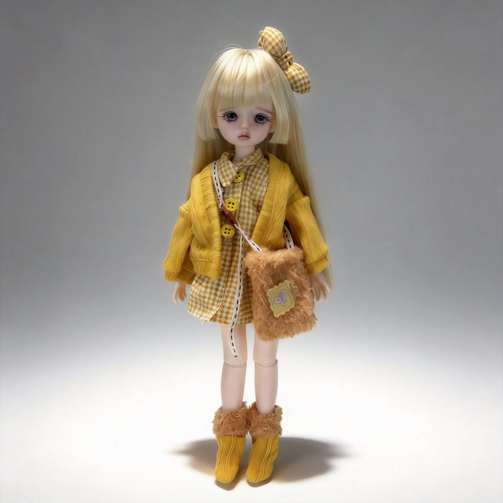 Conjunto de Ropa para Muñeca BJD de 30 cm 1/6 (Solo Ropa, Sin Muñeca) Vestido a Cuadros Amarillo, Cárdigan de Punto, Diadema con Lazo, Bolsa, Calcetines, Atuendo Estilo Cottagecore