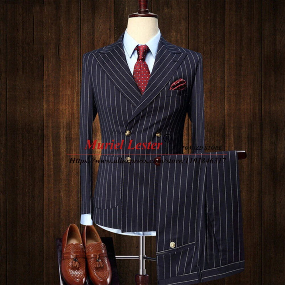 

Classic Business Suits Men Deep Navy Stripe Double Breasted Coat Pant Design Latest Groom Wear Blazer Sets Costume Homme Mariage