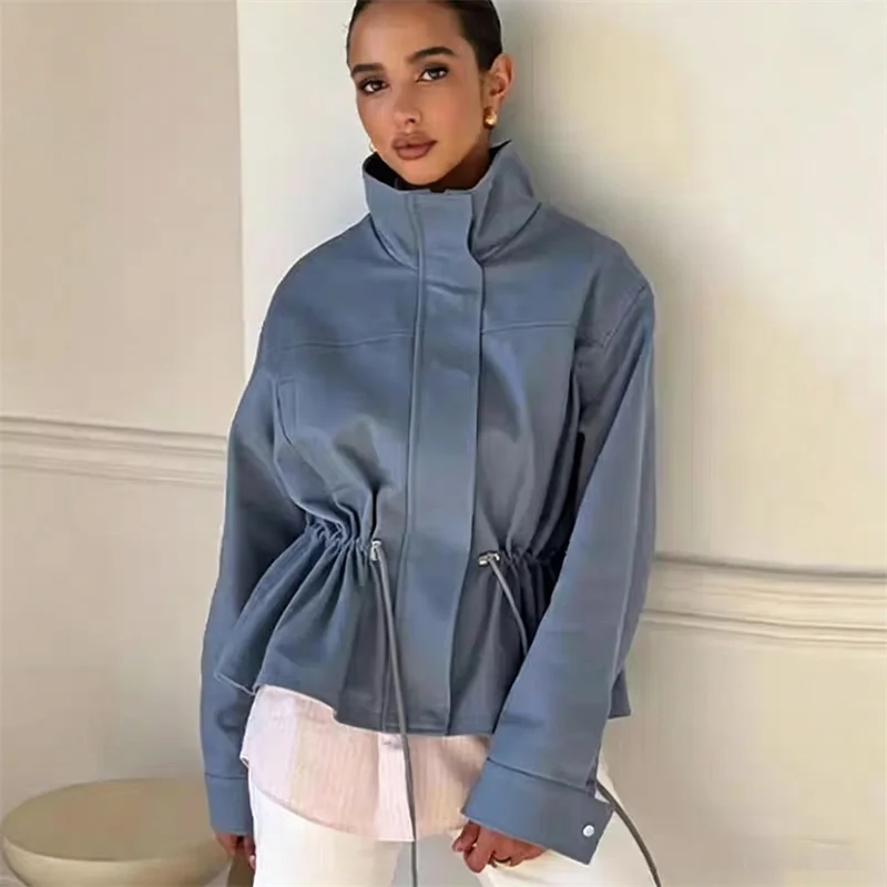 Guobioziy 2026 Women's Jacket Fall New Solid Color Long Sleeve Drawstring Waist Loose Jacket Parka Trench Coat European American