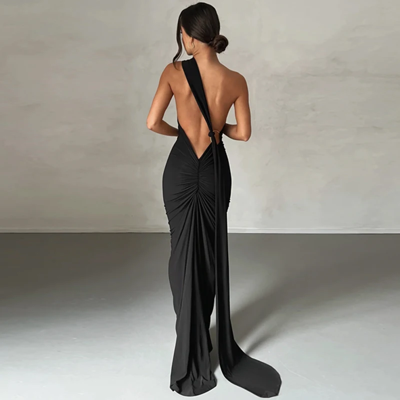 Hugcitar One Shoulder Backless Adjustable Scarf Loop Ruched Sexy Maxi Dress Women Elegant Y2K Streetwear Festival Outfit 266 Sebea20c3c06449dbb26fcdf20e6e8202a