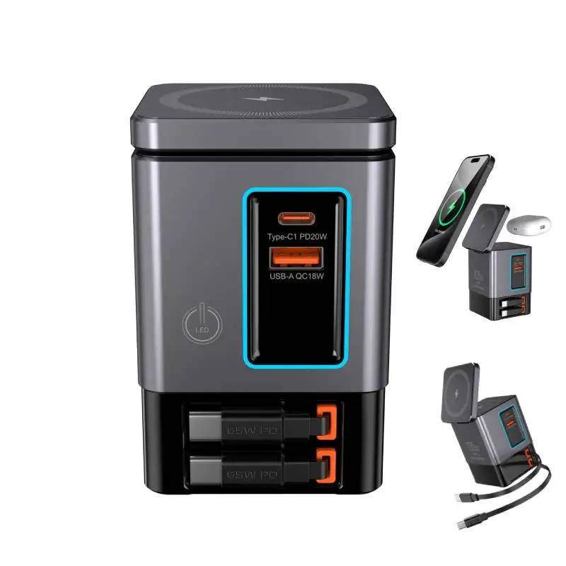 

105W 6-in-1 Charging Station with Retractable USB-C Cable Power Combo Tower for Multiple Devices Fast Charger for iPhone, Airpod