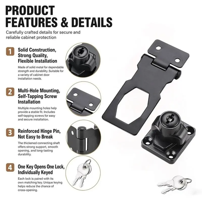 ABUG-8Pcs Metal Hasp Latch Keyed Hasp Lock With Key, Twist Keyed, Hasp Latch Lock Twist Knob Keyed Locking Cabinet Door Locks