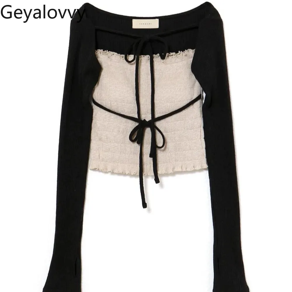 Japanese Style Elastic Tube Top Long Sleeve Knitted Blouse Lace-up Two-piece Set Knitting Shirt for Women Spring Autumn
