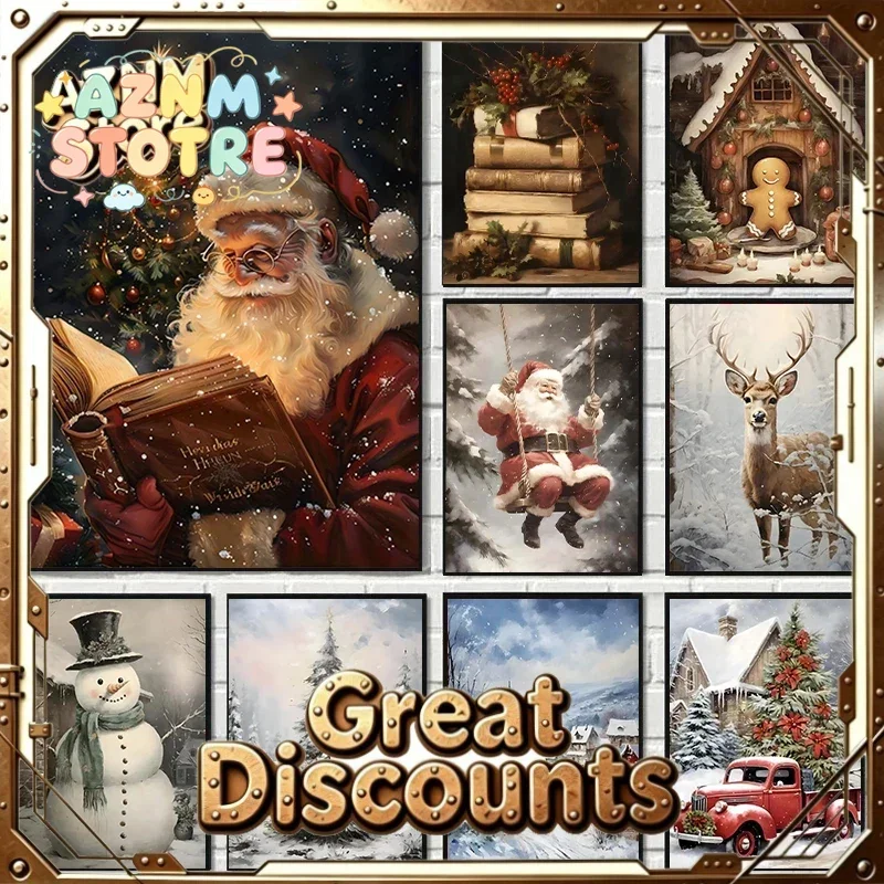 Retro Santa Claus and Reindeer Canvas Print Winter Gingerbread Hut Wall Art Poster Modern Living Room Christmas Home Decor Gi