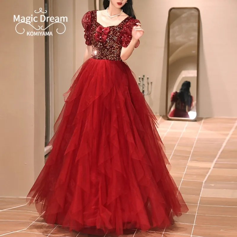 

Square Collar Slim Waist Wed Party Vestidos Puff Sleeve Ball Gown Princess Dresses Prom Dresses Sequined Elegant Evening Dress