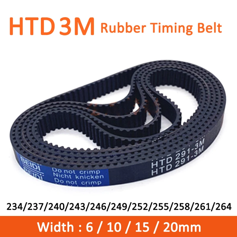 1pc HTD3M Timing Belt 234/237/240/243/246/249/252/255/258/261/264mm Width 6/10/15/20mm Rubber Closed Synchronous Belt Pitch 3mm