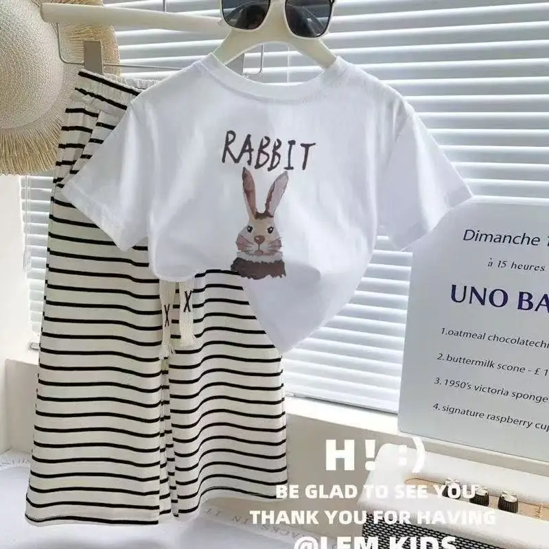 Baby Girls Clothes Set Summer Cartoon Printed T-shirts and Stripe Pants Suit Children Short Sleeve Top Bottom 2 Pieces Outfits