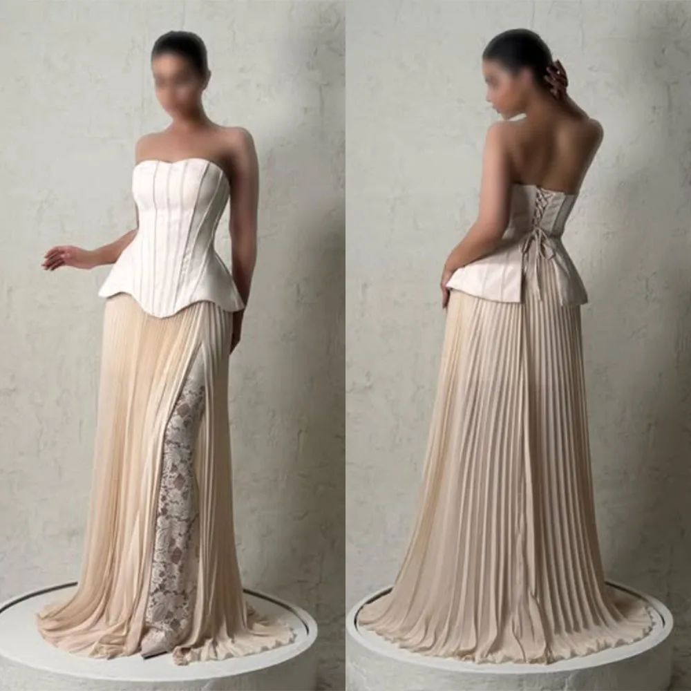 

High Quality Customized Floor Length Sweep Train Pleat Backless Sleeveless High Fork Vestidos Para Bodas Mujer Invitada Evening