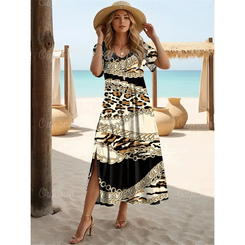 2024 Summer Designer Leopard Print Dresses For Women\'s Holiday Dresses Plus Size Female Long Dresses Women\'s Clothing Fashion