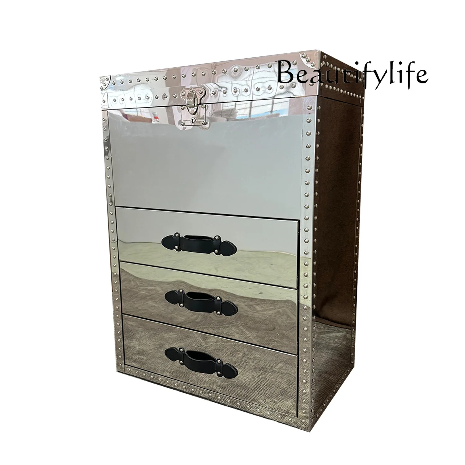 Light luxury bright stainless steel mirror locker three pumping side cabinet against the wall to store fashion creativity
