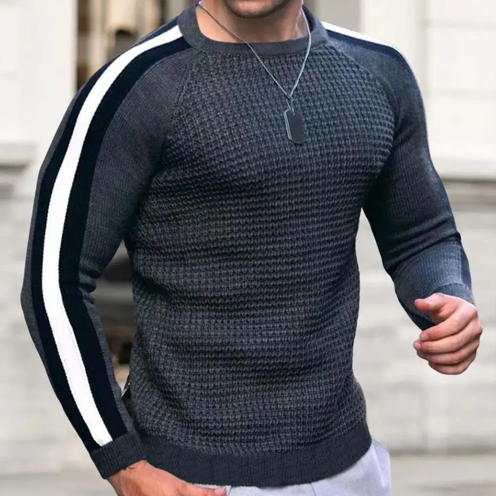 Men\'s Autumn Winter New Waffle Print Pullover Bottoming Shirt Male Color-blocking High-quality Casual Knitted Sweater