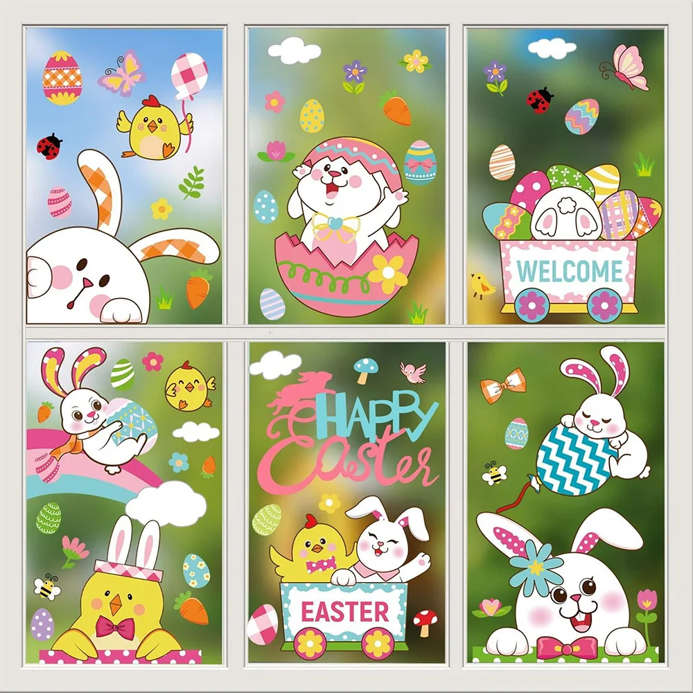 Easter Window Clings Double Sided Cute Bunny Egg Decoration Window Stickers No Residue Happy Easter Holiday Decals Party Supplie