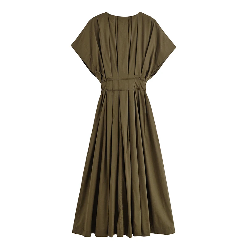 YENKYE レディース プリーツ Aライン ミディ丈ワンピース 半袖 Vネック ベルト付き サマードレス 2025 オフィスレディー 通勤 ストリート ワンピース