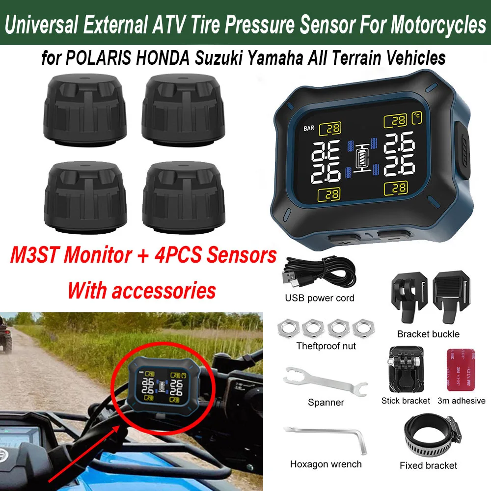 Universal for POLARIS 4-Wheeled Motorcycle External TPMS ATV Tire Pressure Monitor System M3ST Monitor LCD Display+ 4 Sensor