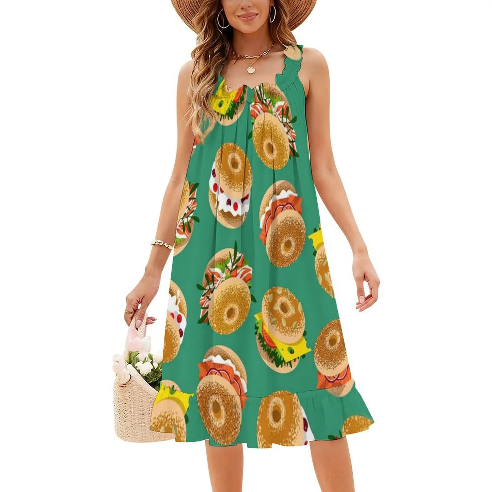 Bagels With Various Topping Preppy Style Mini Dress For Women A-Line Loose Fit Casual Day Dress Homer Kwik E Mart Donut With
