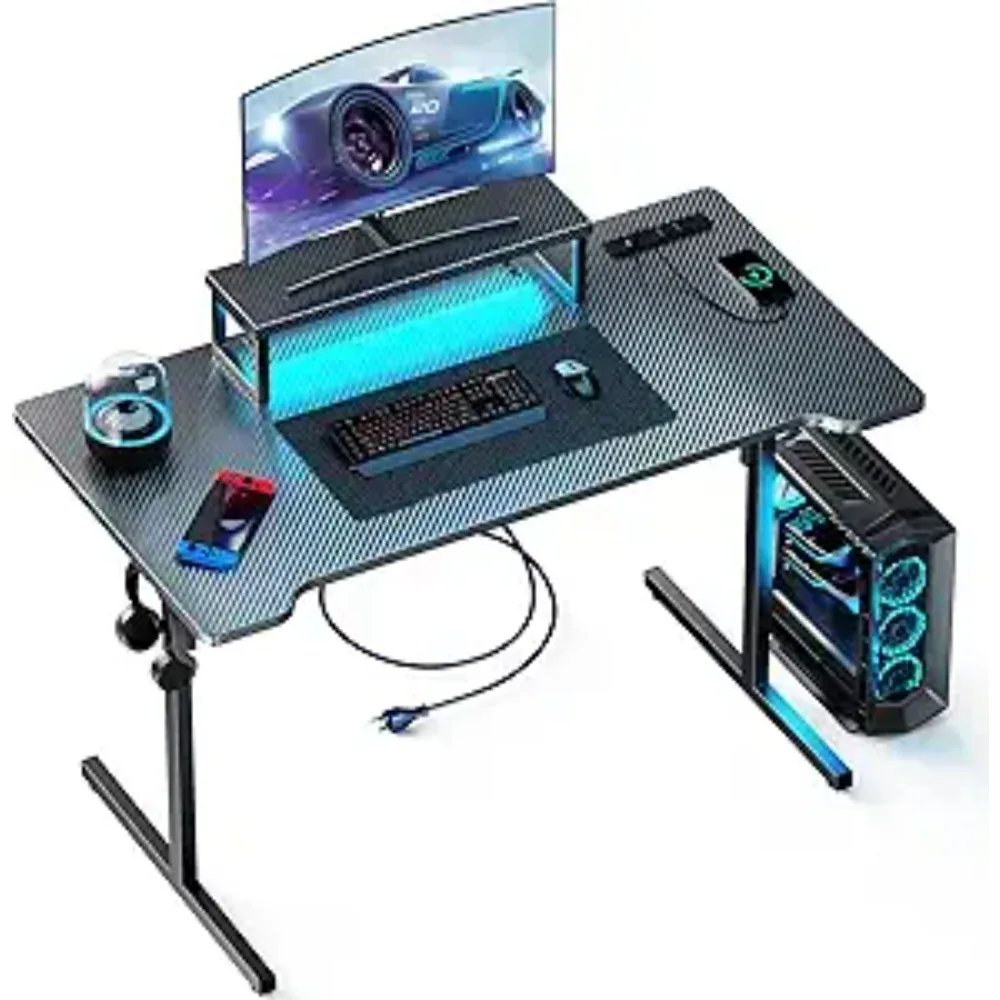 Small Gaming Table with LED Lights and Power Sockets, 39 Inch Computer Desk with Monitor Stand