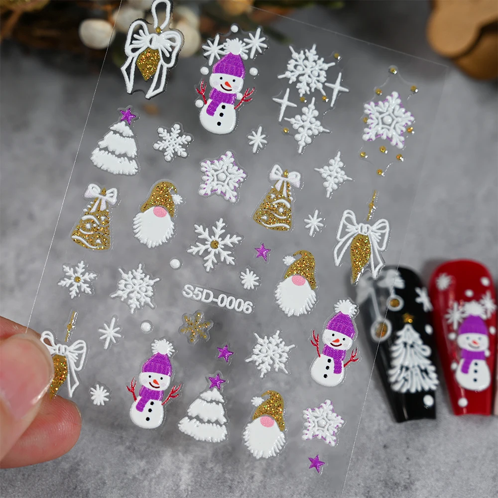 5D تنقش لامعة مسحوق عيد الميلاد مسمار الفن ملصقات الذهبي الفضة ندفة الثلج Bowknot تصميم الشارات ذاتية اللصق مانيكير المنزلق