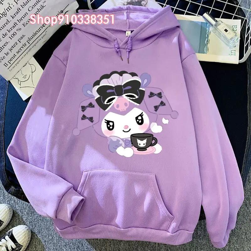 Purple Kuromi Kawaii Printed Hoodies Casual Women Sweatshirts Comfortable Fleece Pullover Crewneck Loose Female Tops Clothes