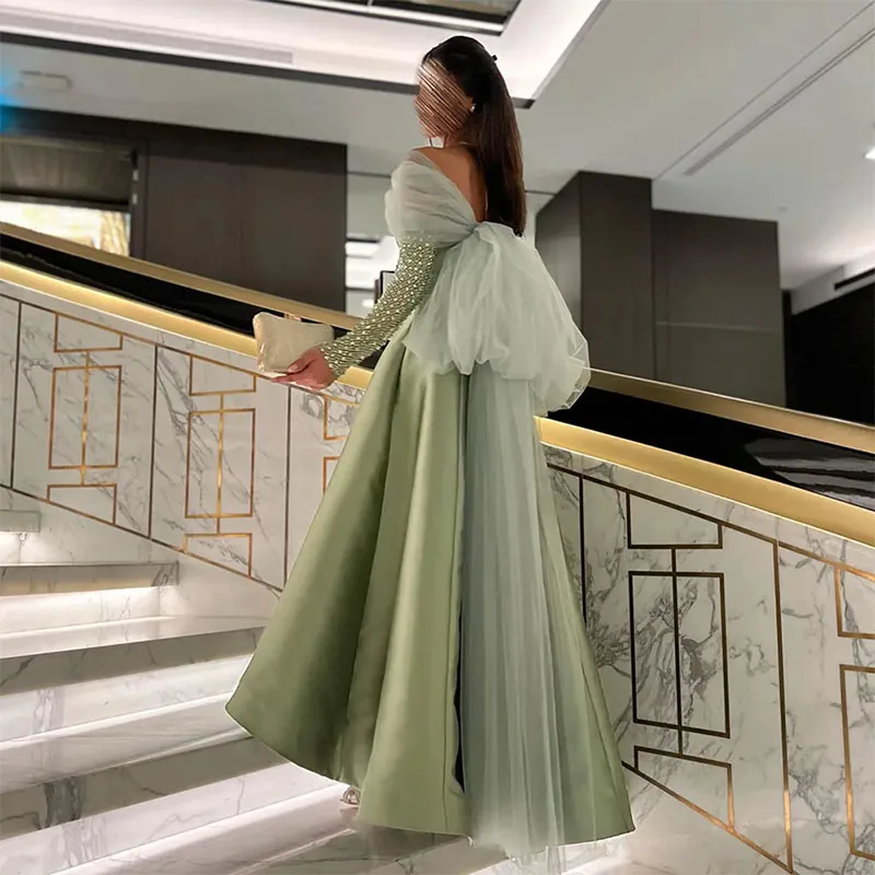 Luxury Mint Green Crystal Dubai Evening Dresses Off The Shoulder Long Sleeve Bow Back Muslim Prom Formal Gowns 2024 Feast